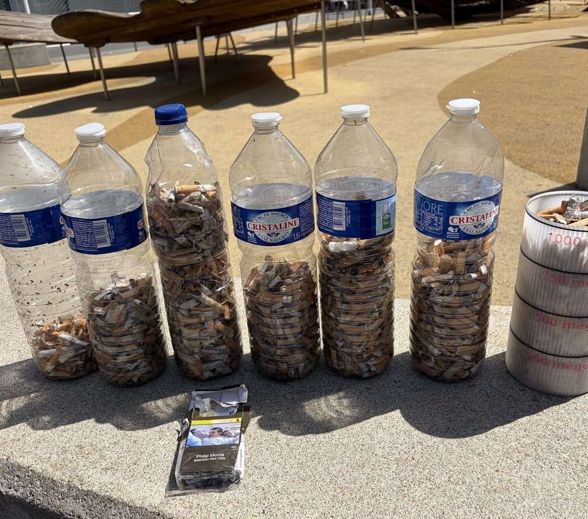 Six bouteilles remplies de mégots ramassés dans le centre-ville de Saint-Nazaire, posées sur un muret.